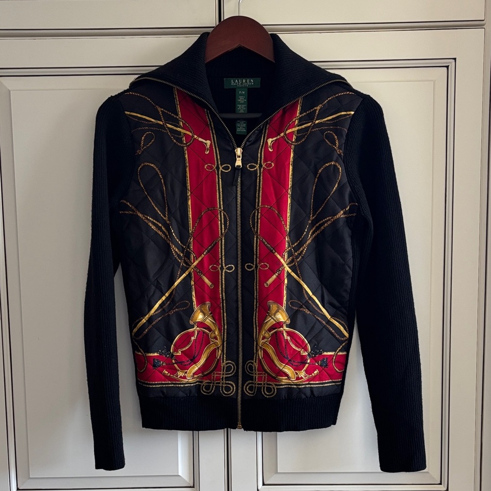 Vintage Ralph Lauren Equestrian Silk‎ Wool Knit Zip Jacket Women’s Medium Petite